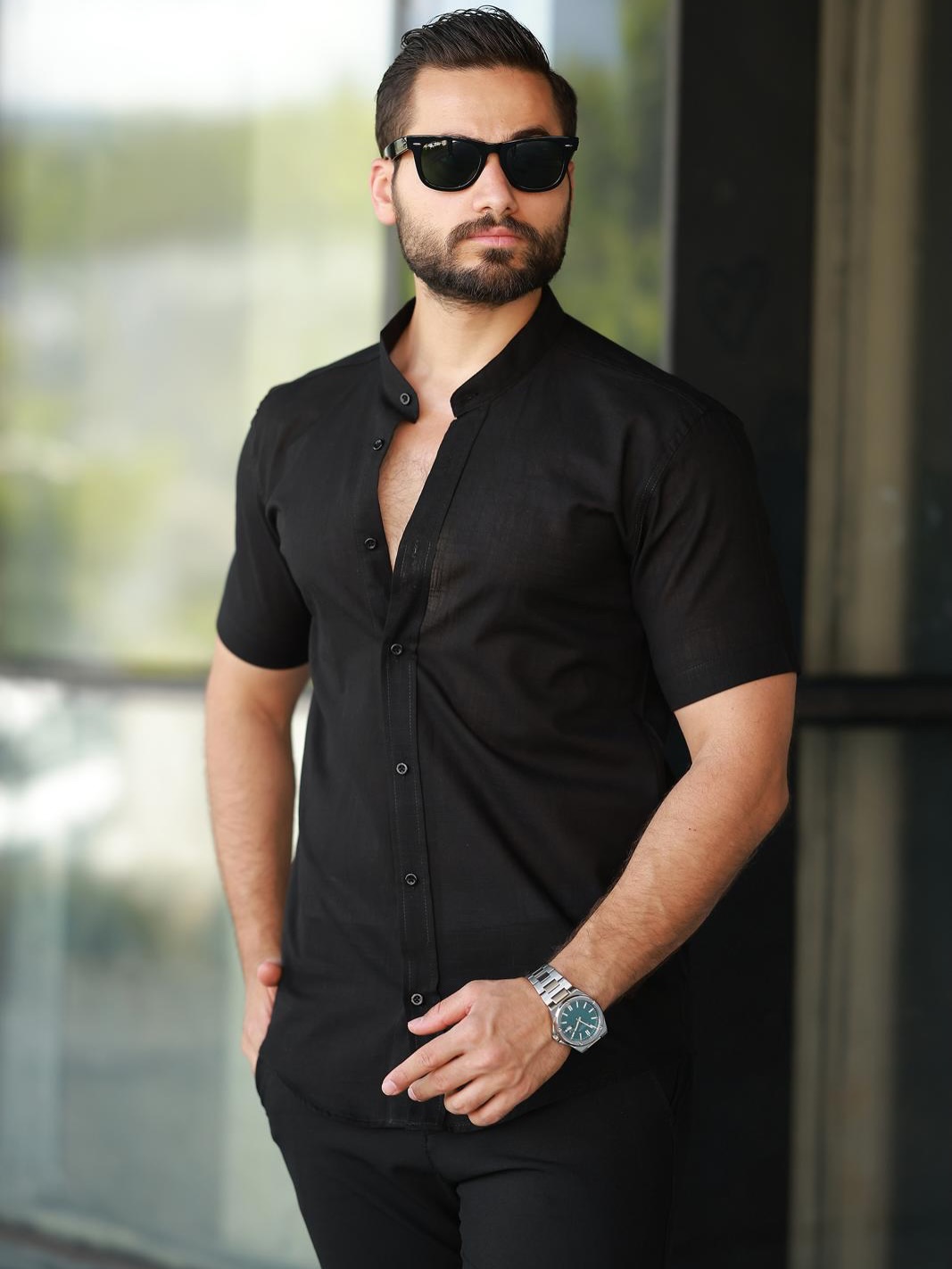 Kısa Kol Keten Hakim Yaka Erkek Gömlek