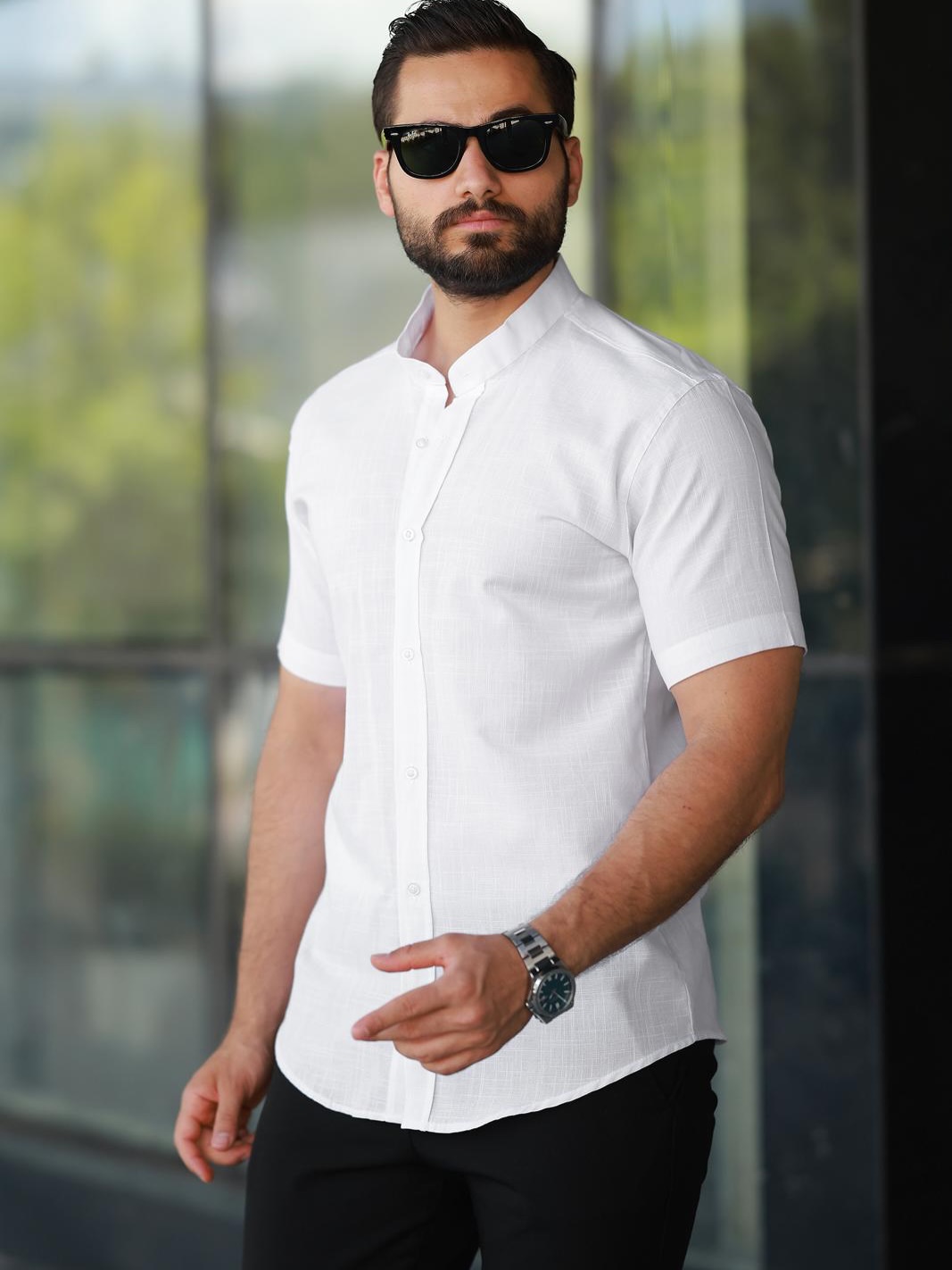 Kısa Kol Keten Hakim Yaka Erkek Gömlek - Görsel 5
