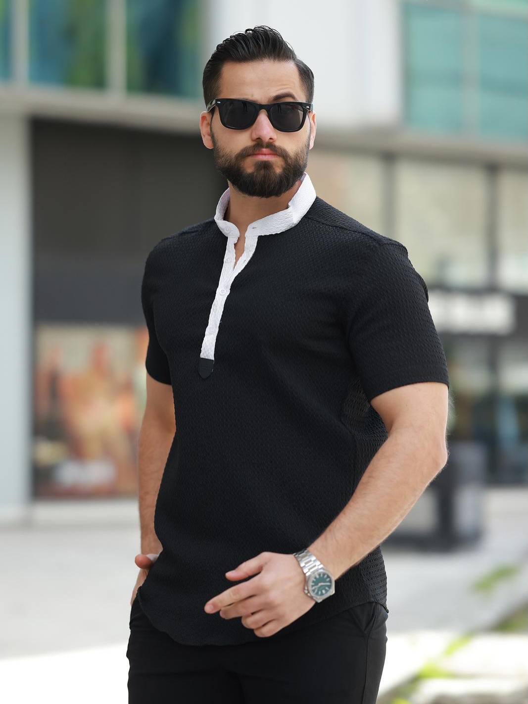 Kısa Kol Hakim Yaka Gömlek Zıt Garnili