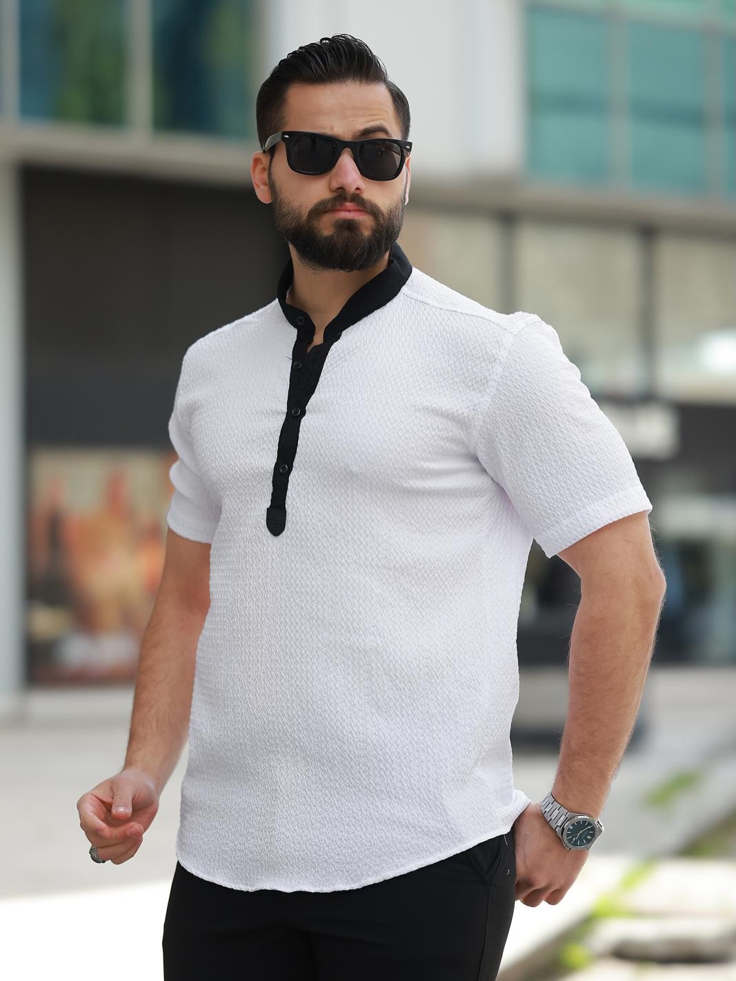 Kısa Kol Hakim Yaka Gömlek Zıt Garnili - Görsel 3