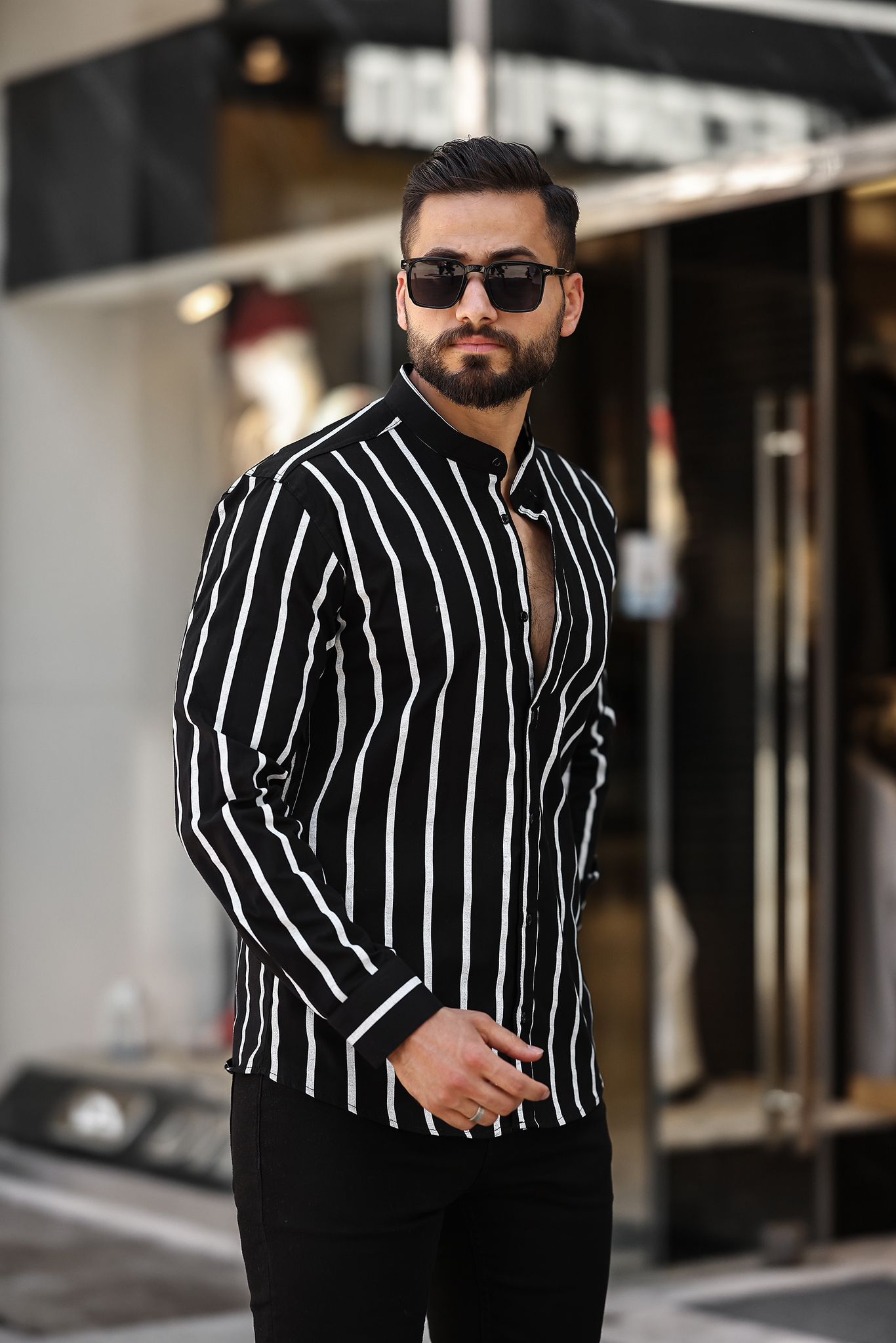 Hakim Yaka Çizgili Erkek Gömlek - Görsel 5
