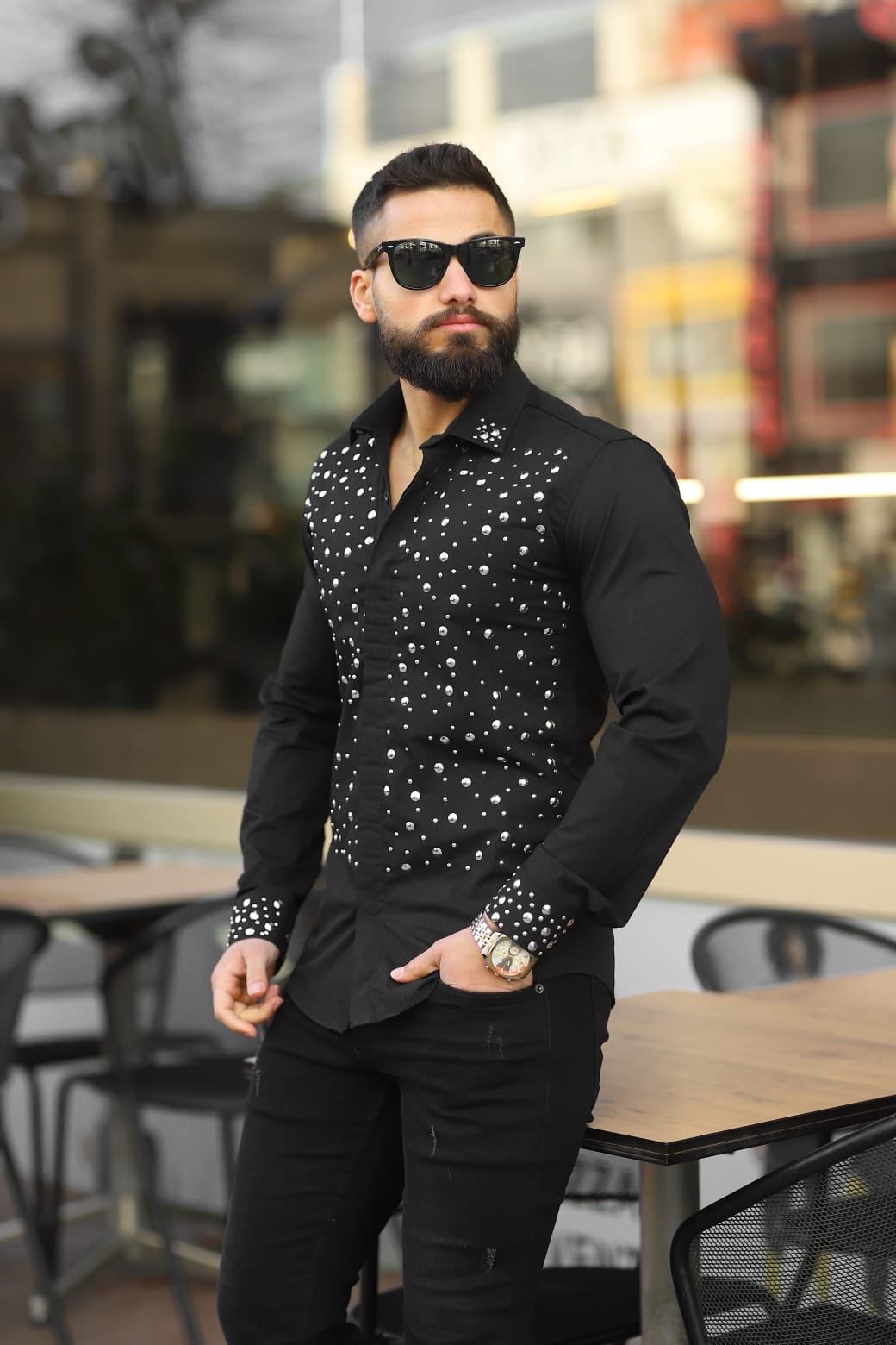 Taşlı Uzun Kollu Erkek Gömlek  - Görsel 3