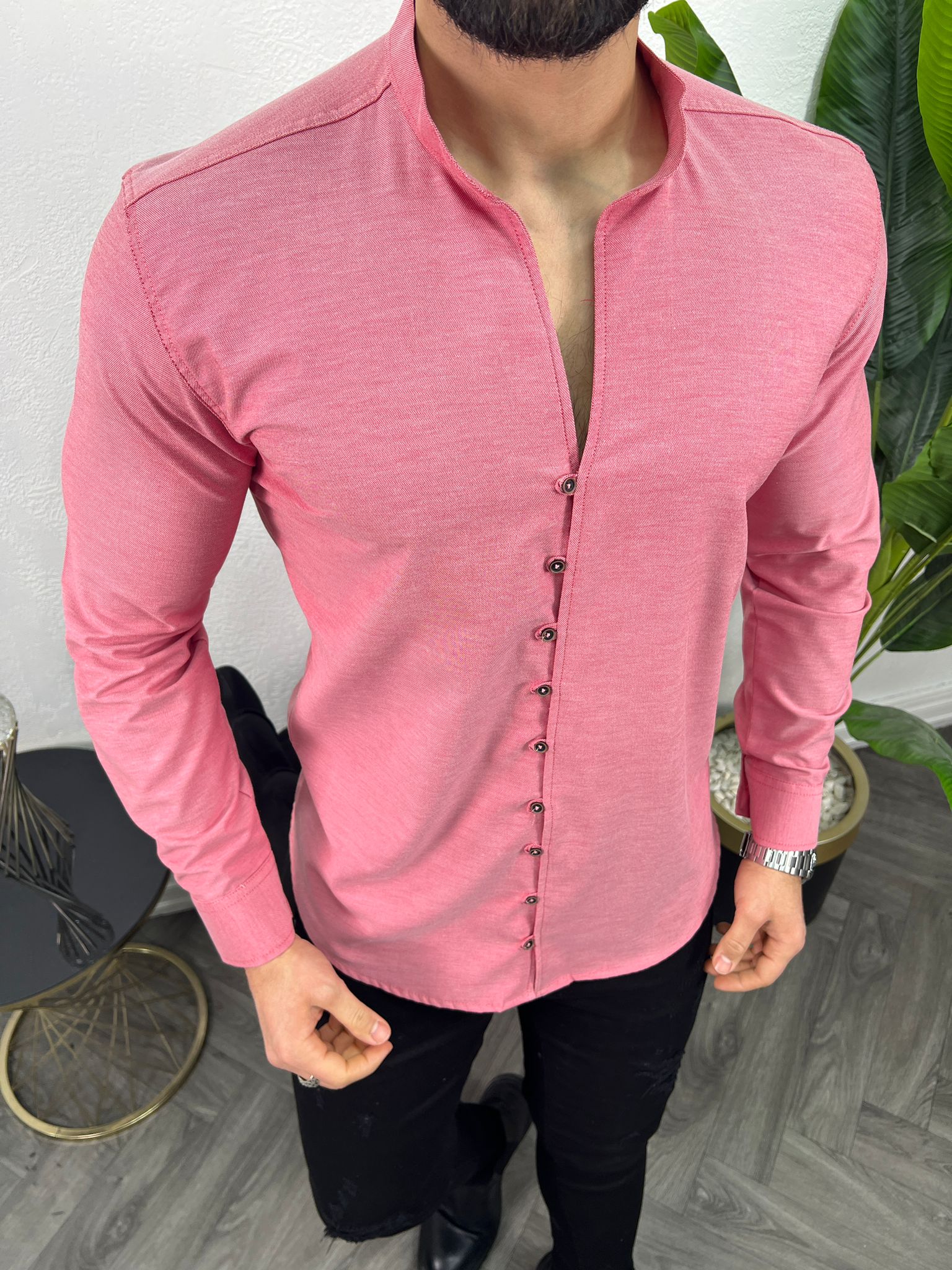 Hakim Yaka Slim Fit Pembe Erkek Gömlek – Modern ve Şık Tasarım - Görsel 2