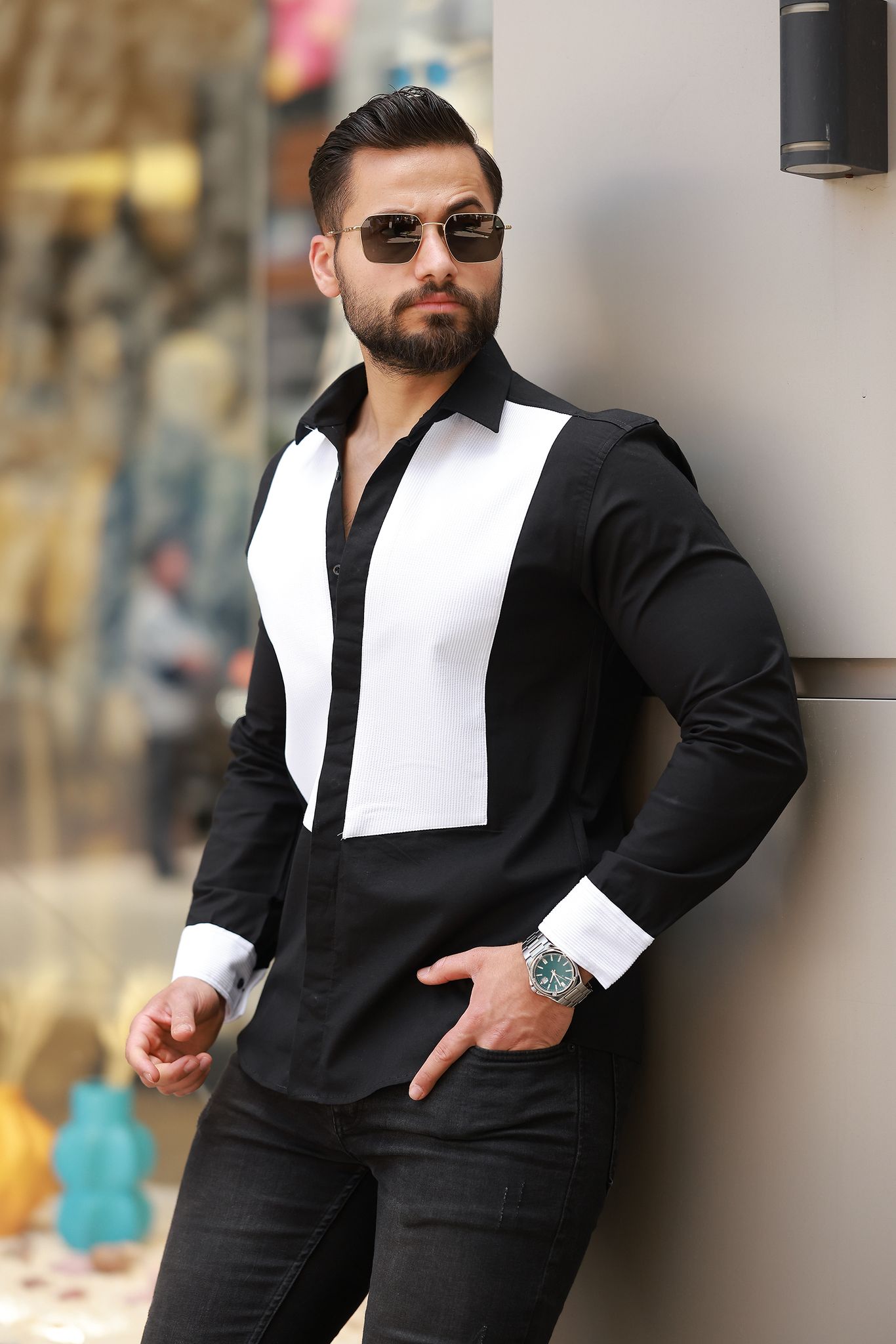 Erkek Siyah Beyaz Slim Fit Şerit Detaylı Uzun Kollu Gömlek