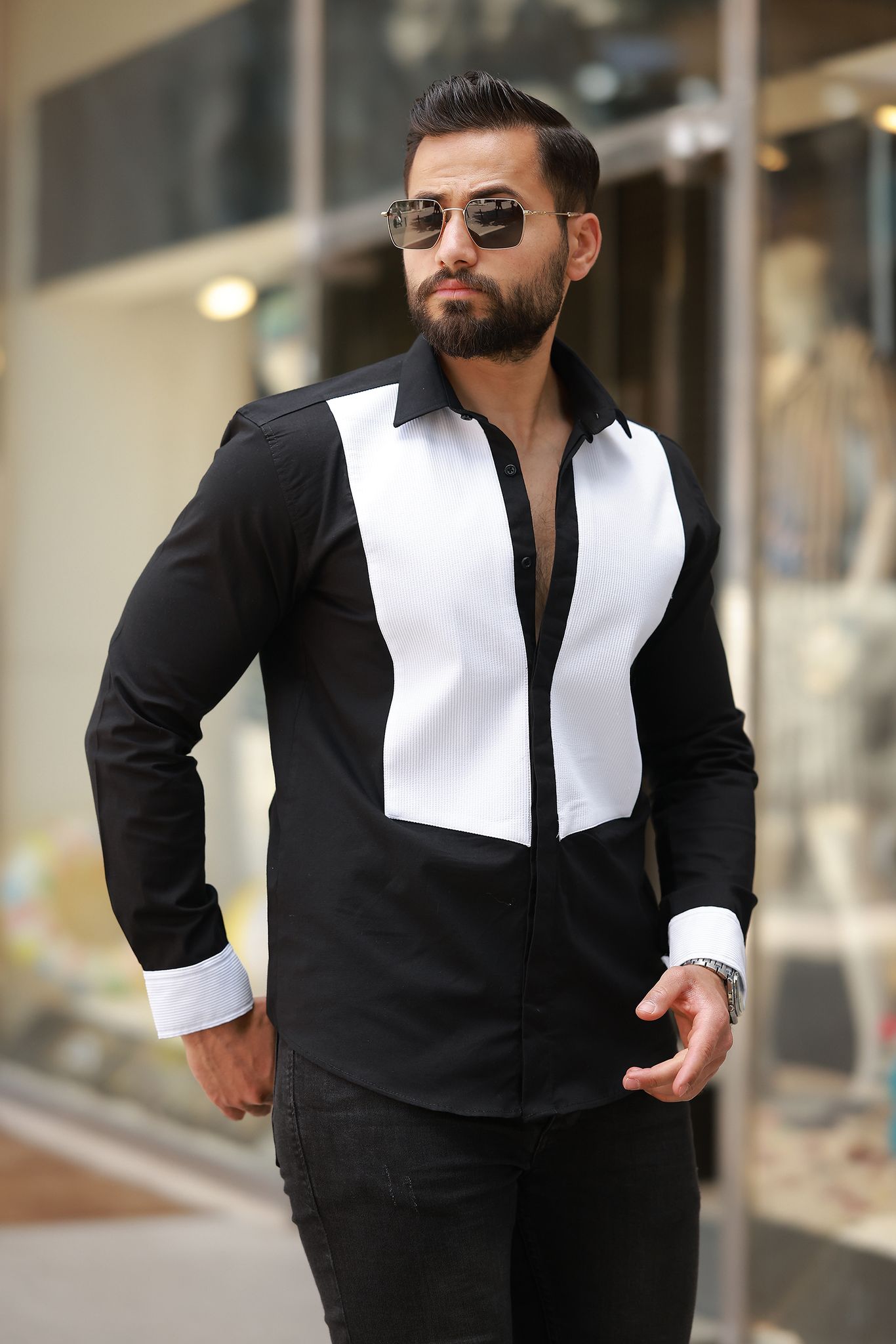 Erkek Siyah Beyaz Slim Fit Şerit Detaylı Uzun Kollu Gömlek TOPTAN