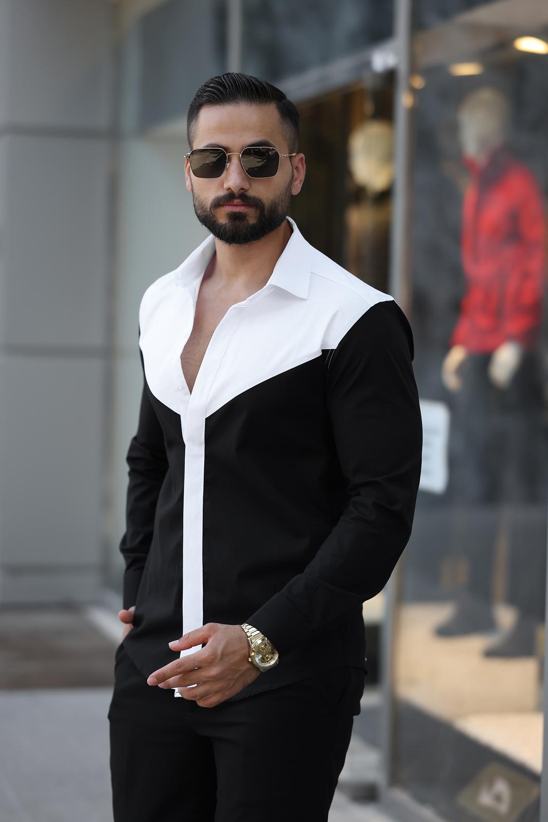  Siyah Beyaz Blok Renkli Slim Fit Tasarım Erkek Gömlek