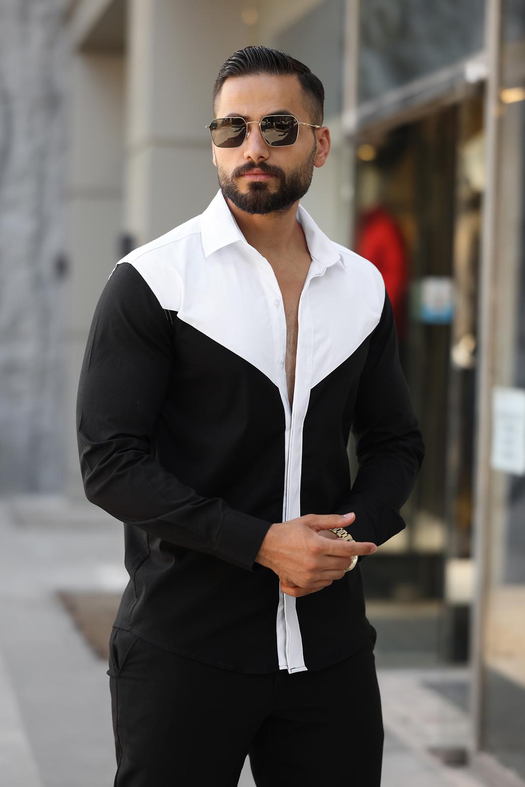  Siyah Beyaz Blok Renkli Slim Fit Tasarım Erkek Gömlek - Görsel 2
