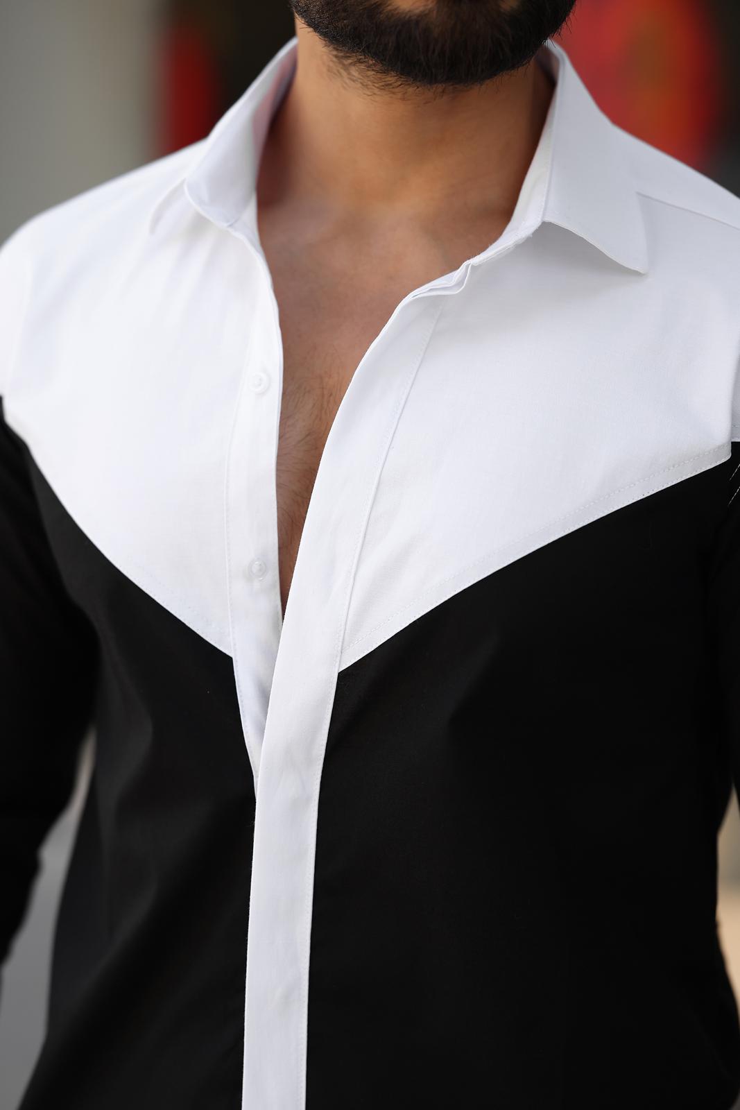  Siyah Beyaz Blok Renkli Slim Fit Tasarım Erkek Gömlek - Görsel 3