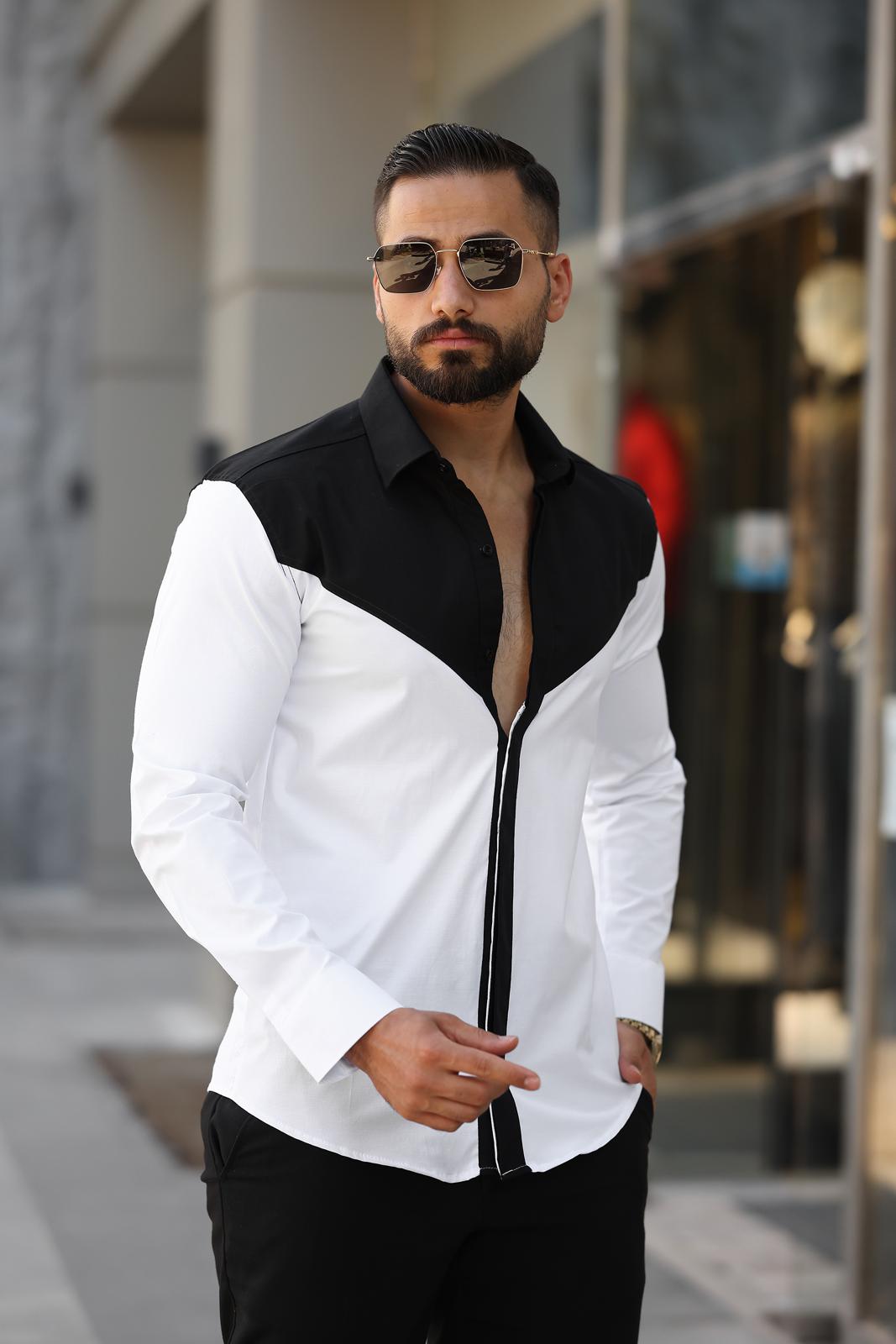 Beyaz Siyah Blok Renkli Slim Fit Tasarım Erkek Gömlek