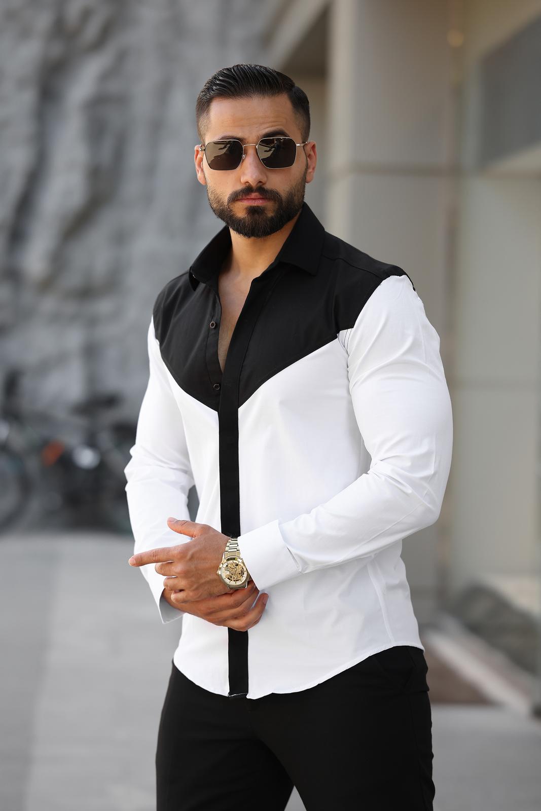Beyaz Siyah Blok Renkli Slim Fit Tasarım Erkek Gömlek - Görsel 2