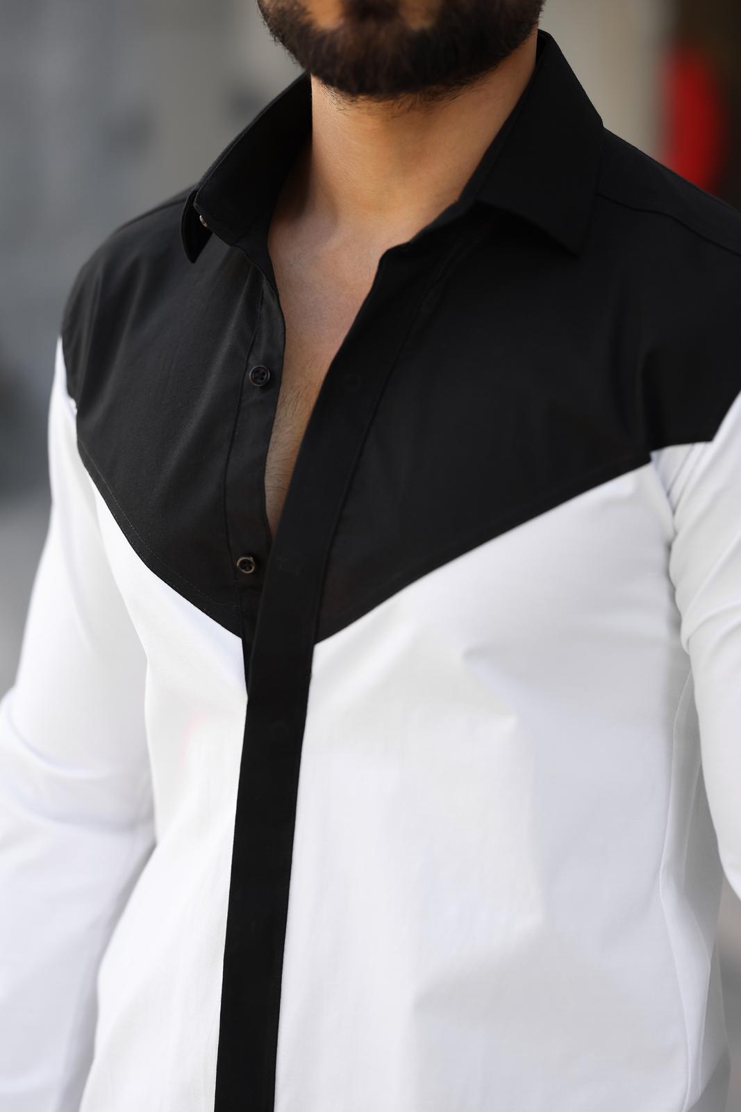 Beyaz Siyah Blok Renkli Slim Fit Tasarım Erkek Gömlek - Görsel 3