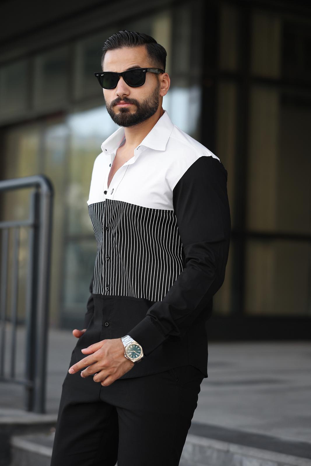 Siyah Beyaz Üç Renkli Çizgili Tasarım Slim Fit Erkek Gömlek