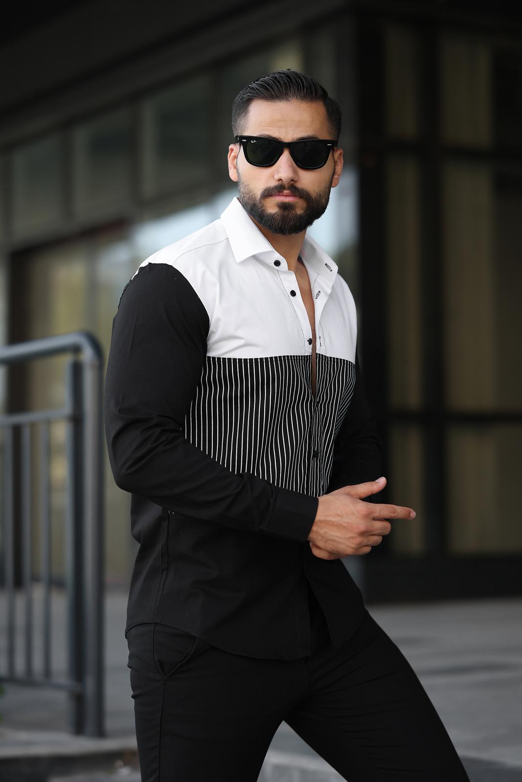Siyah Beyaz Üç Renkli Çizgili Tasarım Slim Fit Erkek Gömlek - Görsel 2