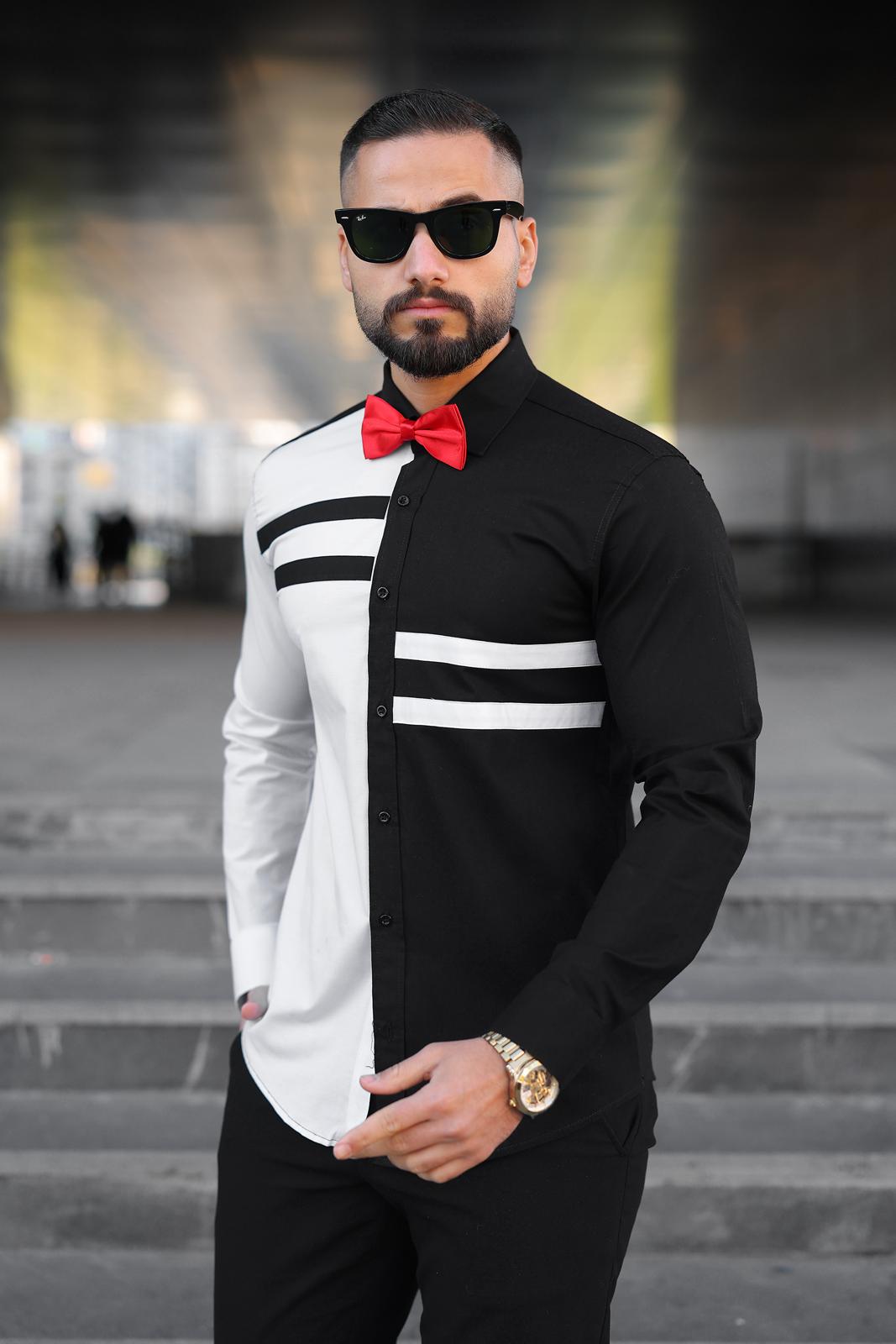 Asimetrik Çizgili Siyah Beyaz Slim Fit Tasarım Erkek Gömlek