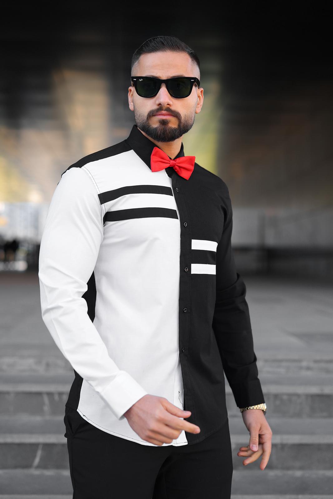 Asimetrik Çizgili Siyah Beyaz Slim Fit Tasarım Erkek Gömlek - Görsel 2