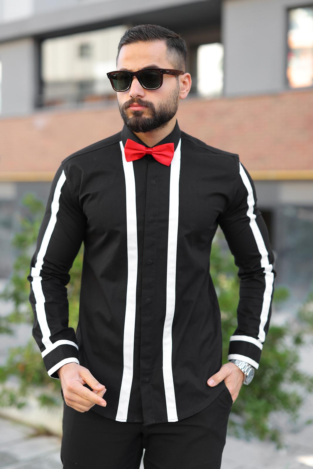 Siyah Beyaz Dikey Şeritli Slim Fit Tasarım Erkek Gömlek