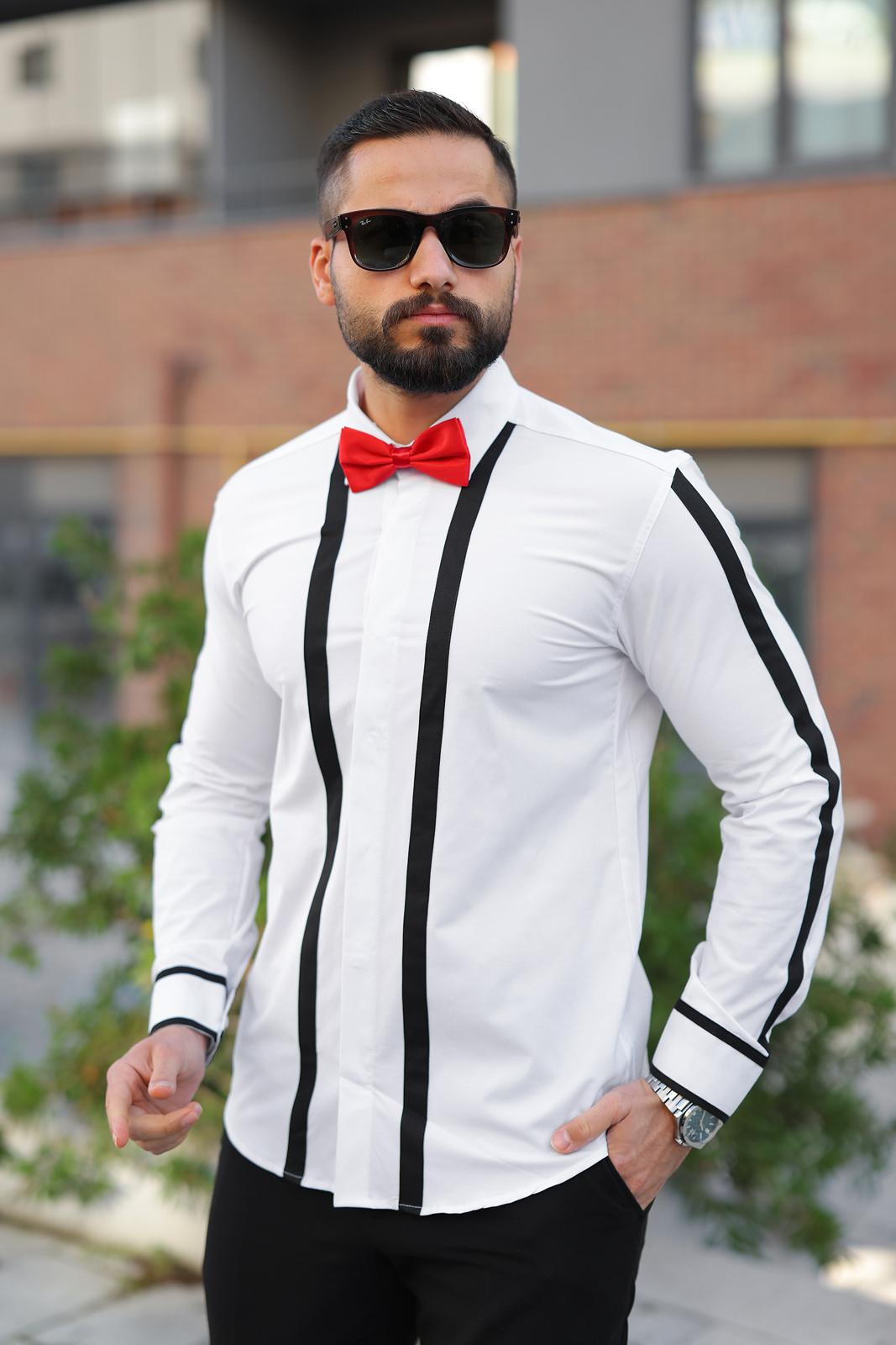 Beyaz Üzerine Siyah Şeritli Slim Fit Tasarım Erkek Gömlek - Görsel 2
