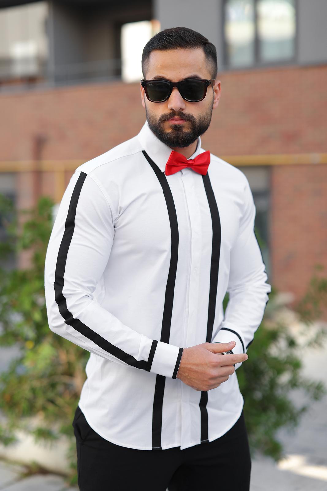 Beyaz Üzerine Siyah Şeritli Slim Fit Tasarım Erkek Gömlek