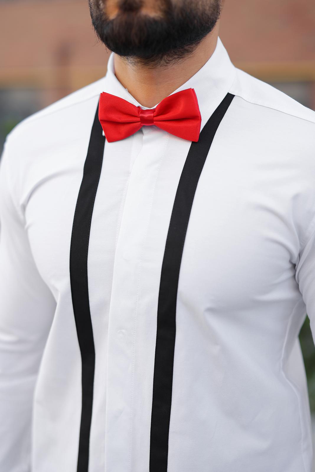 Beyaz Üzerine Siyah Şeritli Slim Fit Tasarım Erkek Gömlek - Görsel 3