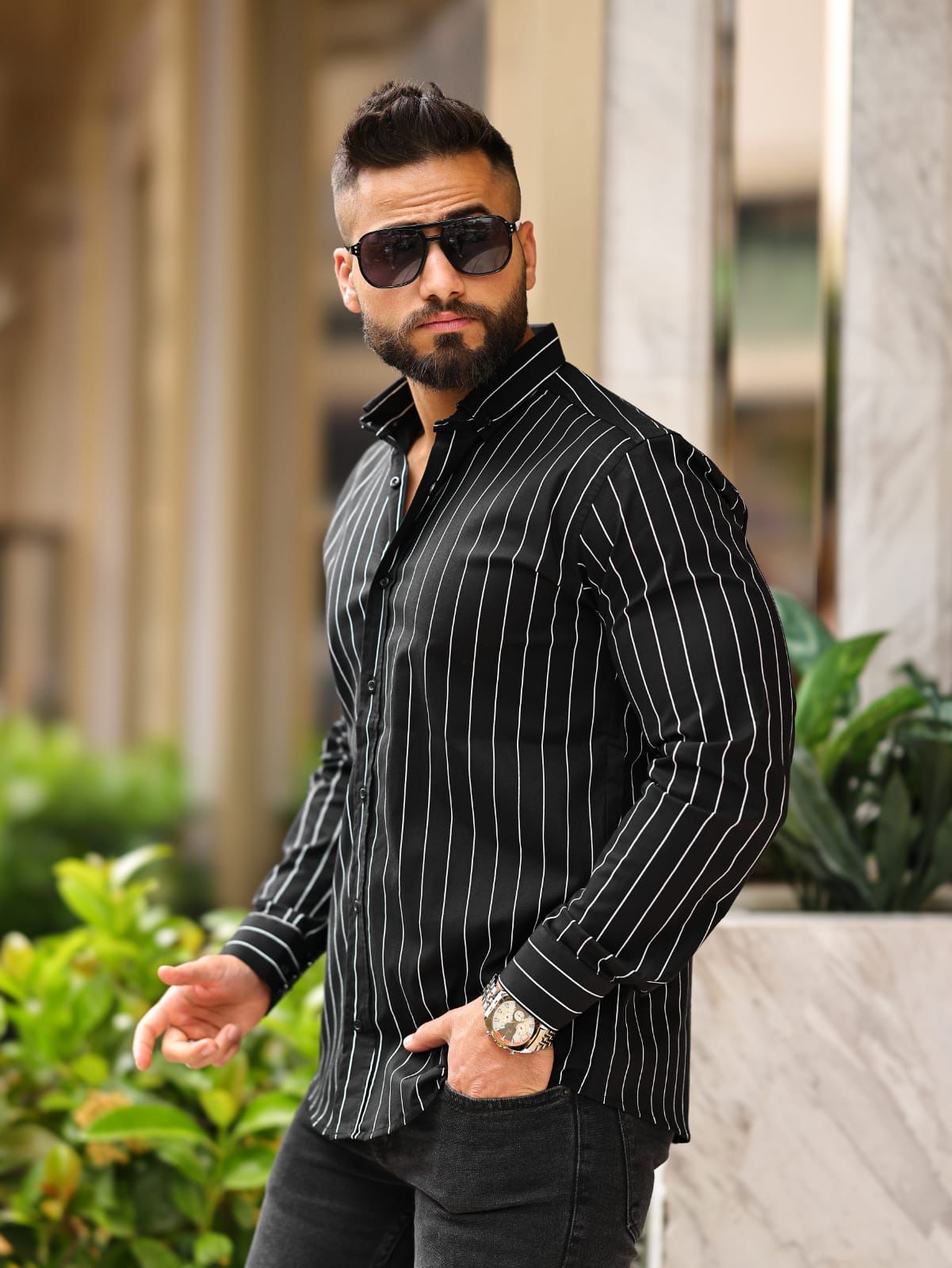 Black Panther's Eşref Tek Gömlek - Siyah Beyaz Çizgili Slim-Fit