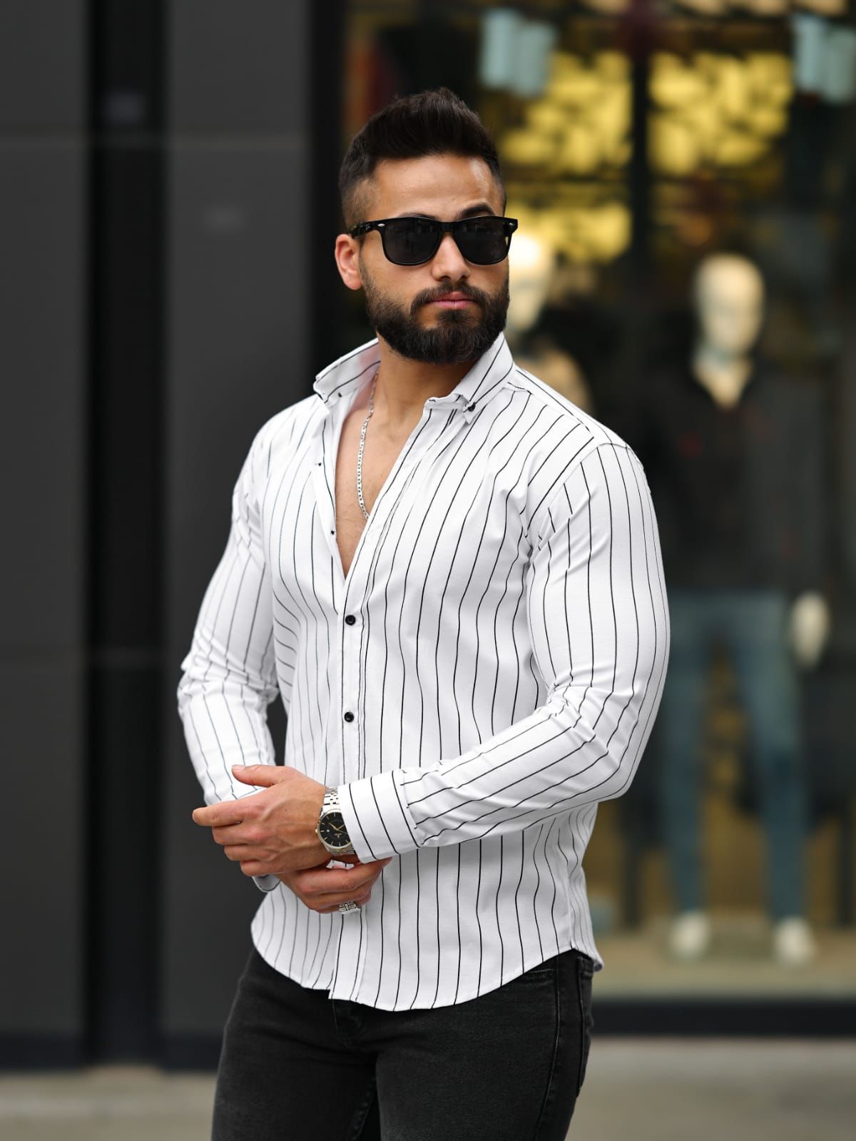 Black Panther's Eşref Tek Gömlek - Beyaz Üzeri Siyah Çizgili Slim-Fit